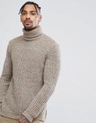 Asos Roll Neck Fisherman Rib Sweater In Oatmeal - Beige