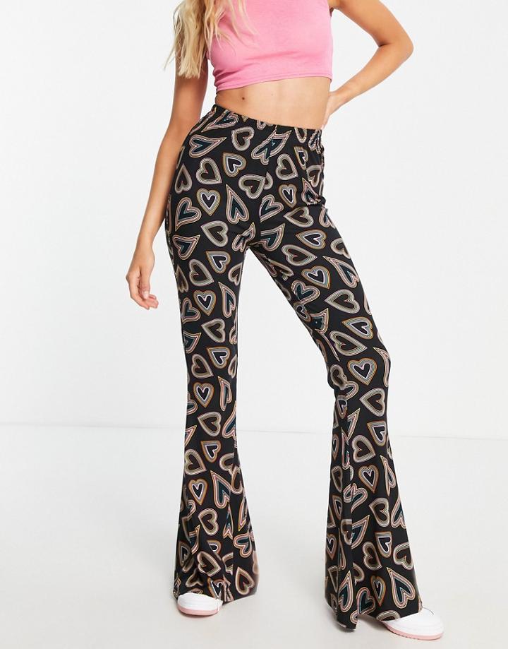 Urban Threads Kick Flare Pants In Heart Print - Part Of A Set-multi