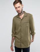 Asos Viscose Shirt In Khaki With Revere Collar And Piping In Regular Fit - Green