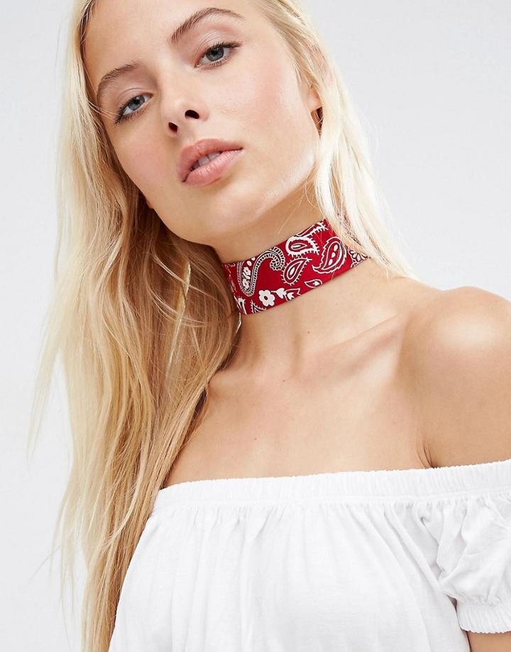 Asos Paisley Fabric Choker Necklace - Red