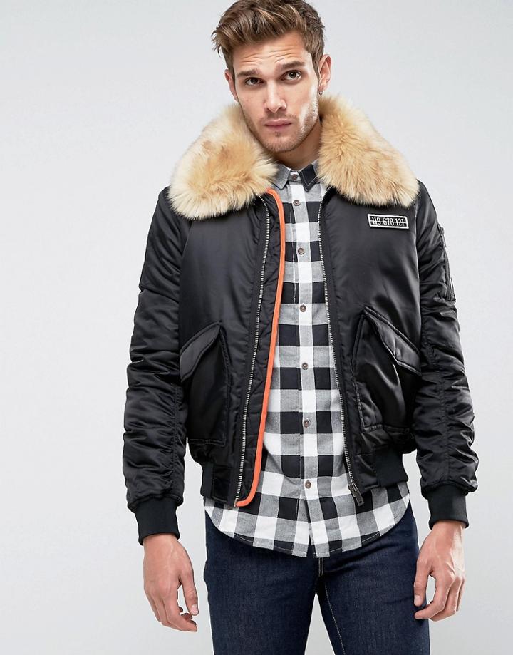 Brave Soul Ma2 Bomber With Faux Fur Collar And Rip Off Badge - Black