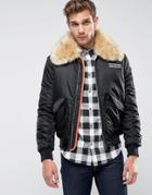 Brave Soul Ma2 Bomber With Faux Fur Collar And Rip Off Badge - Black
