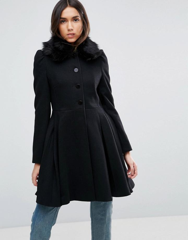 Asos Swing Coat With Faux Fur Collar - Black