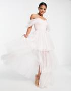 Lace & Beads Long Sleeve Tulle Maxi Dress In Powder Pink
