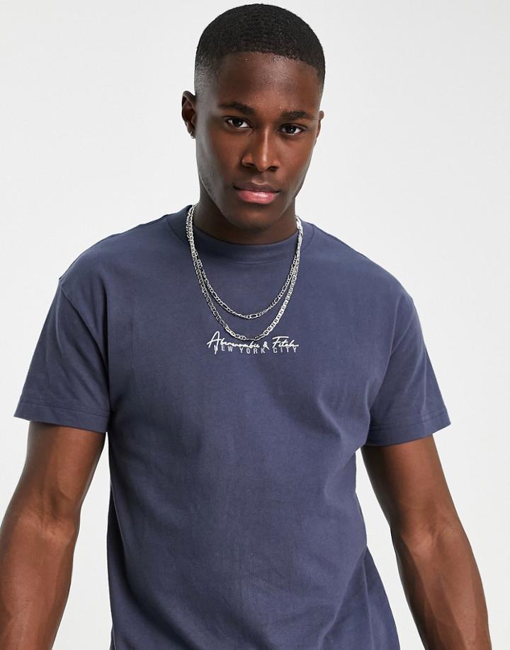 Abercrombie & Fitch Small Central Script Logo T-shirt In Navy