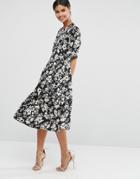 Asos Pleat Front Smock City Maxi Dress In Mono Floral - Multi