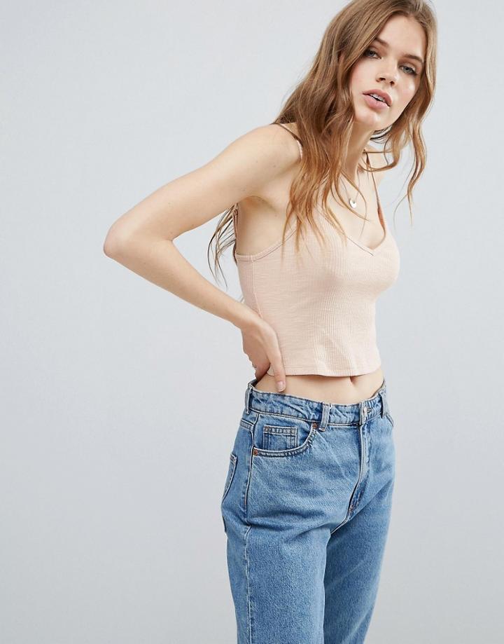 Asos Strappy Crop Cami In Textured Rib - Pink