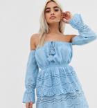 Prettylittlething Petite Bardot Mini Dress With Broderie Frill Detail In Light Blue - Blue