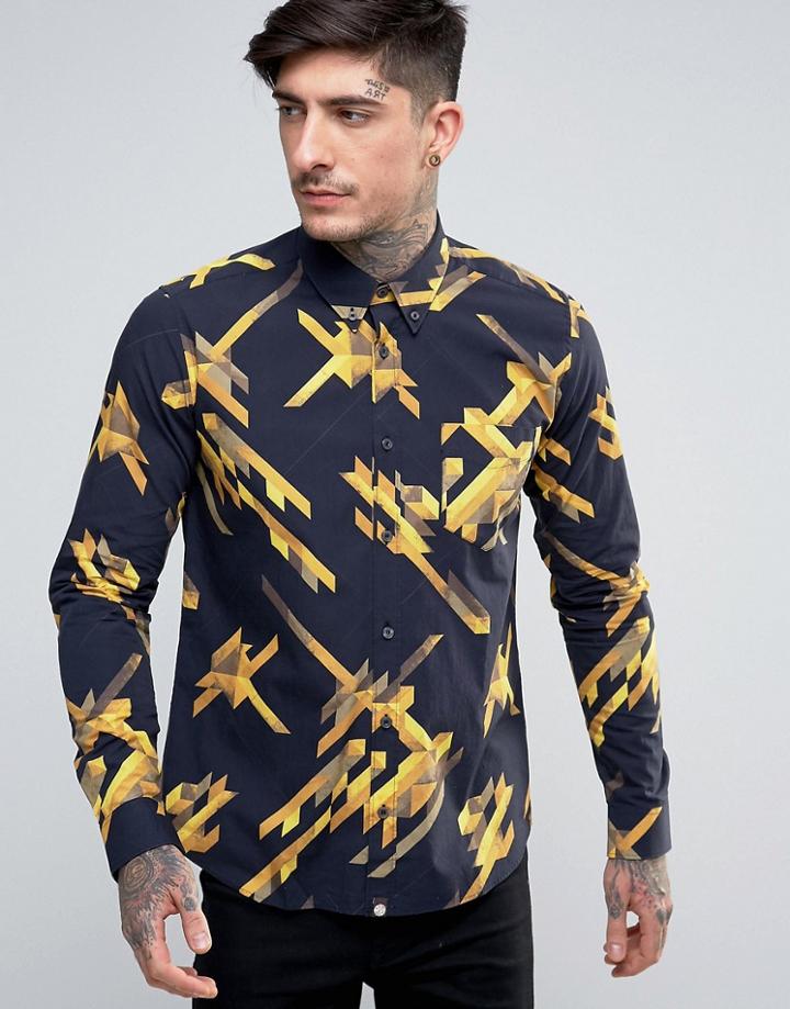 Pretty Green Kirby Tape Print Shirt Buttondown In Yellow - Yellow
