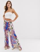 Missguided Split Leg Pants In Scarf Print - Multi