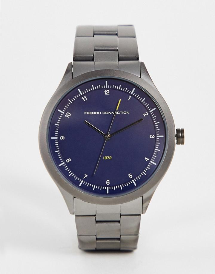 French Connection Chain Link Strap Watch In Gunmetal And Navy-black