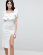 Asos Square Neck Ruffle Front Midi Dress - White
