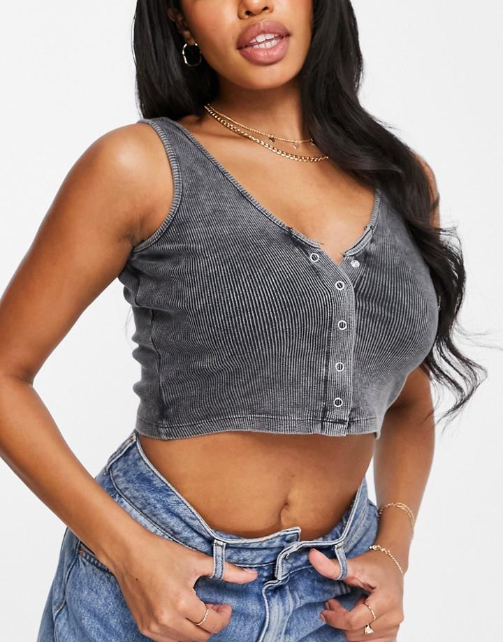 Asos Design Hourglass Tank Top In Rib With Snaps In Washed Charcoal-grey
