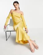 Asos Design Satin Asymmetric Maxi Dress With Cold Shoulder Detail In Gold
