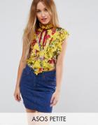 Asos Petite Yellow Floral Sleeveless Blouse With Ruffle Front - Multi