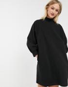 Monki Mock Neck Balloon Sleeves Mini Sweat Dress In Black