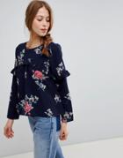 Qed London Long Sleeve Floral Top With Frill - Navy