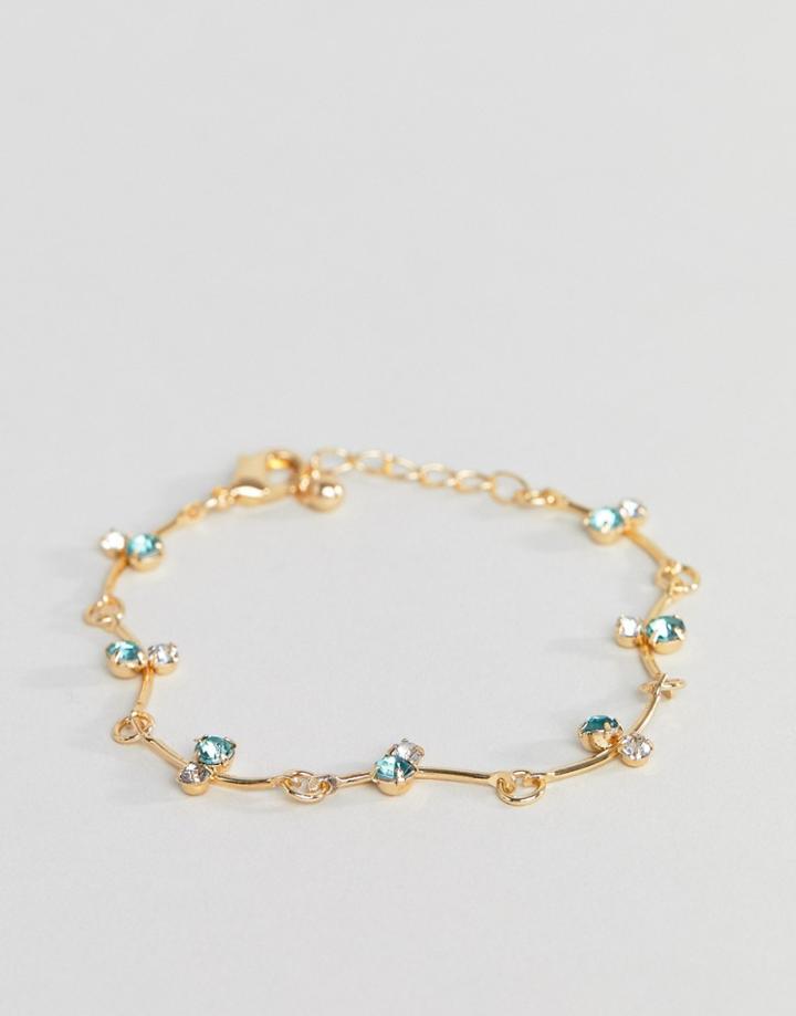 Asos Design Chain Bracelet With Emerald Stone Detail In Gold - Gold