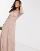 Asos Design Bridesmaid Ruched Waist Maxi Dress With Long Sleeves And Pleat Skirt-multi