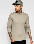 Asos Rib Extreme Muscle Long Sleeve T-shirt With Turtleneck In Brown - Brown