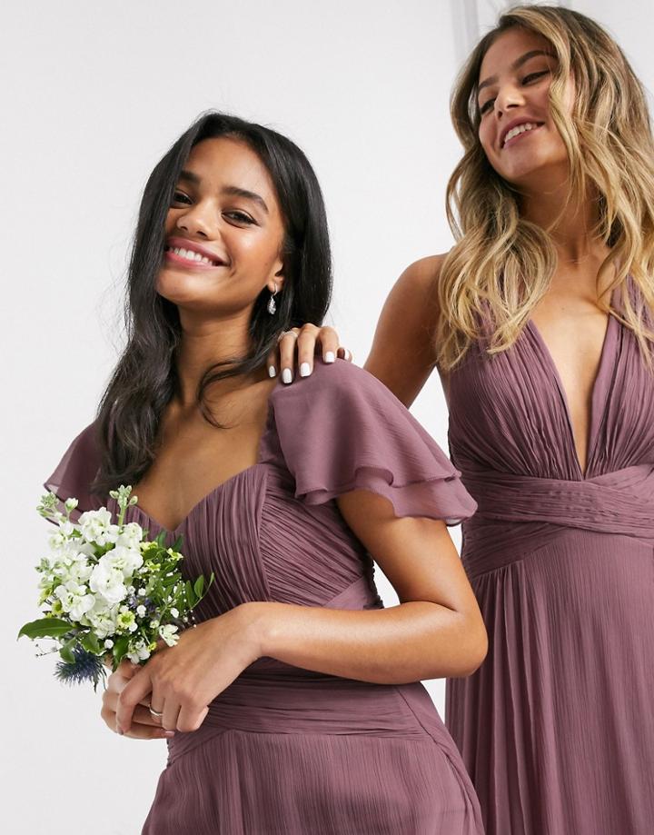 Asos Design Bridesmaid Short Sleeve Ruched Maxi Dress-purple