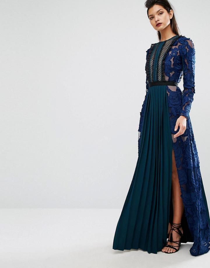 Self Portrait Thea Maxi Dress With Pleats - Blue