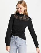 Whistles Lace Panel Volume Sleeve Top In Black