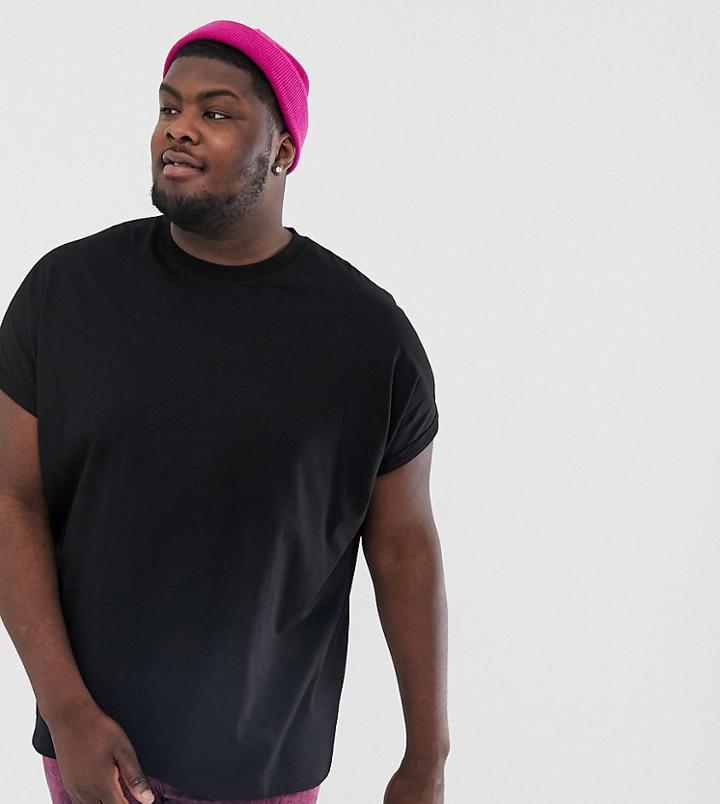 Asos Design Plus Oversized Longline T-shirt With Crew Neck And Roll Sleeve In Black