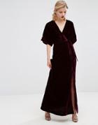 Asos Velvet Maxi Dress With Button Detail - Red