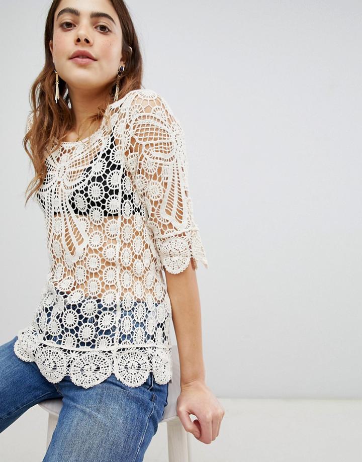 Brave Soul Crochet Top With Bow Details - Cream