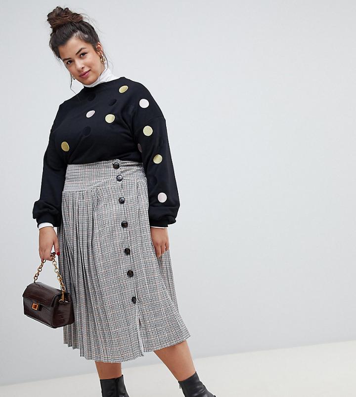 Neon Rose Plus Pleated Midi Skirt With Button Side In Check - Yellow