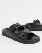 Silver Street Double Buckle Slider Sandals In Black Leather