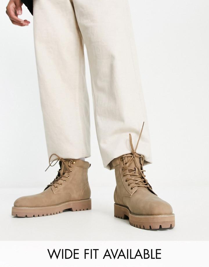 Asos Design Chunky Lace Up Boots With Padded Collar In Stone Faux Leather-neutral