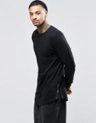 Asos Relaxed Longline Long Sleeve T-shirt With Curve Hem And Hem Zips In Black - Black