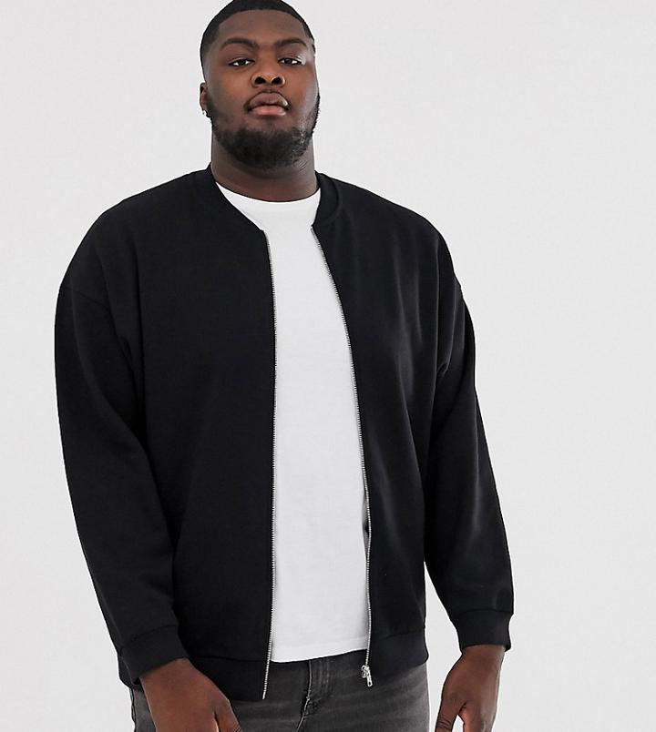 Asos Design Plus Oversized Jersey Bomber Jacket In Black - Black