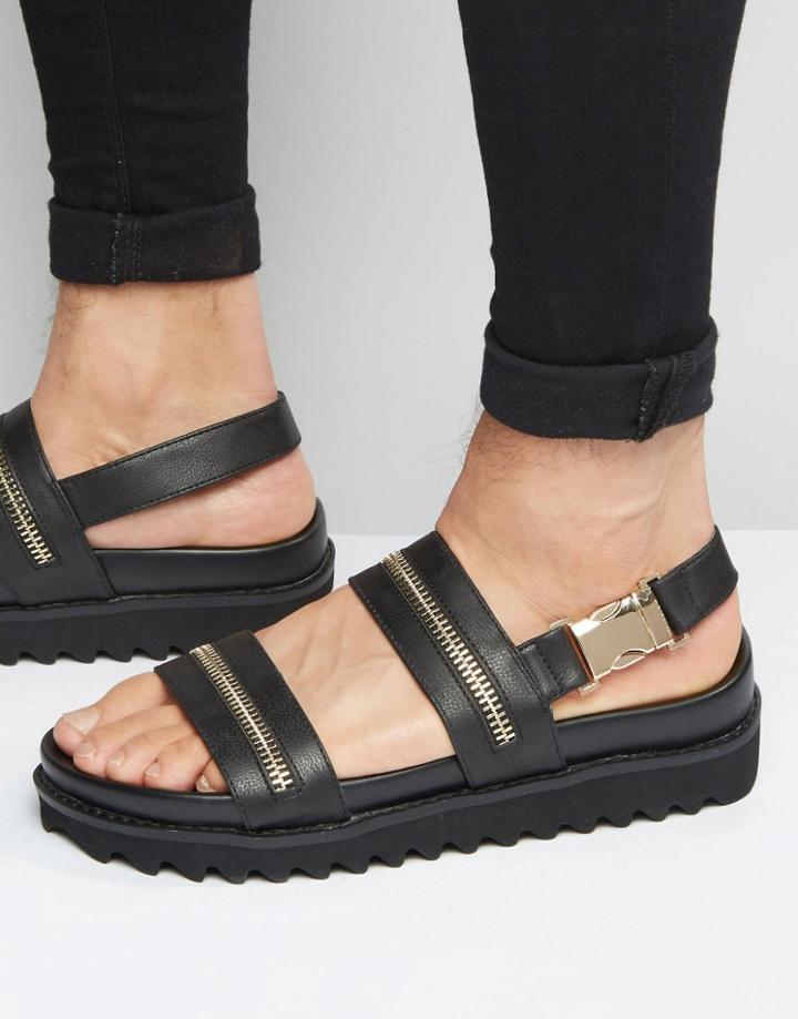 Asos Sandals In Black With Gold Zips - Black