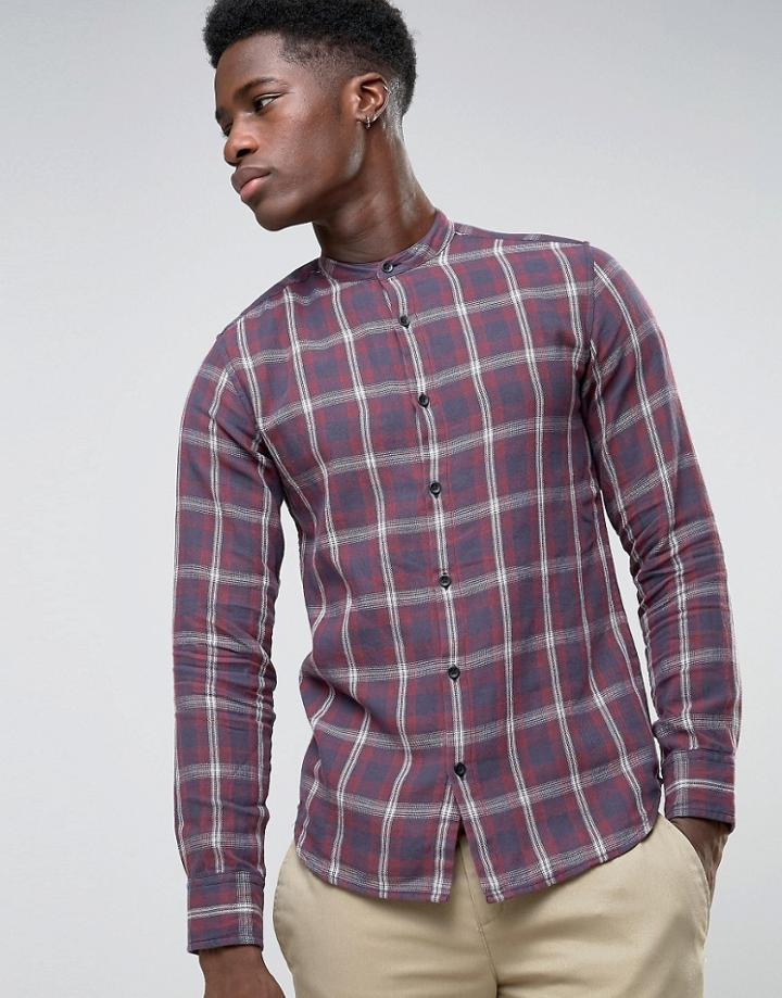 Selected Check Flannel Shirt With Granddad Collar - Red