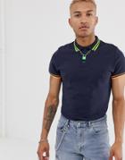 Asos Design Pique Polo Shirt With Neon Tipping In Navy - Navy