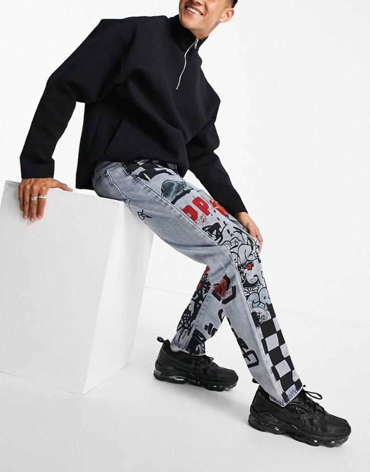 Liquor N Poker 90s Grafitti Print Straight Leg Jeans In Blue - Part Of A Set-blues