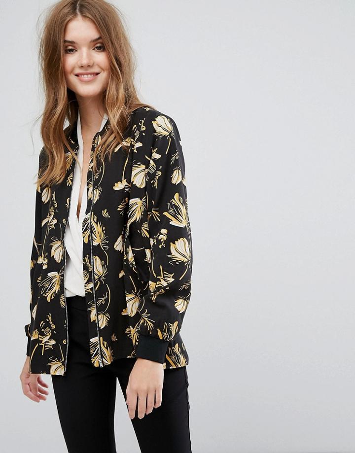 Just Female Elay Leaves Print Bomber - Navy