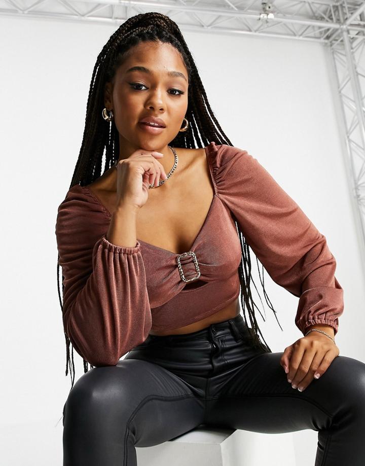 Miss Selfridge Long Sleeve Square Neck Buckle Detail Crop Top In Bronze-brown
