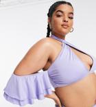 Asos Luxe Curve Cross Neck Ruffle Sleeve Bikini Top In Lilac-purple
