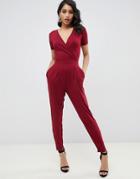 Asos Design Wrap Front Jersey Jumpsuit With Short Sleeve - Red