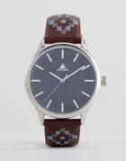 Asos Design Watch In Brown Faux Leather With Contrast Geo-tribal Stitching - Black