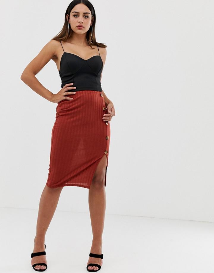 Boohoo Ribbed Knitted Button Down Side Split Midi Skirt In Terracotta - Orange