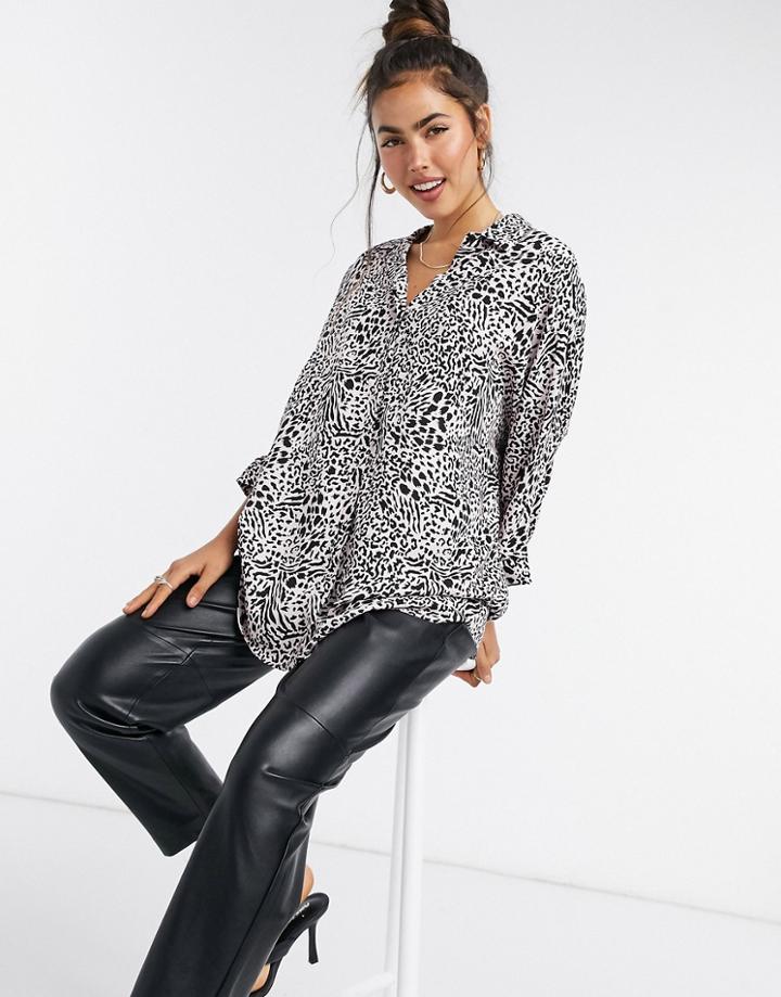 Asos Design 3/4 Sleeve Oversized Shirt In Leopard Print-multi