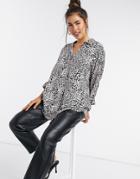 Asos Design 3/4 Sleeve Oversized Shirt In Leopard Print-multi