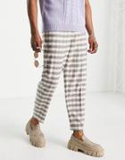 Asos Design Smart Oversized Tapered Pants With Belt In Lilac Grid Check-white