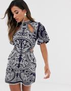 Asos Design Embroidered Structured Mini Dress With High Neck - Multi