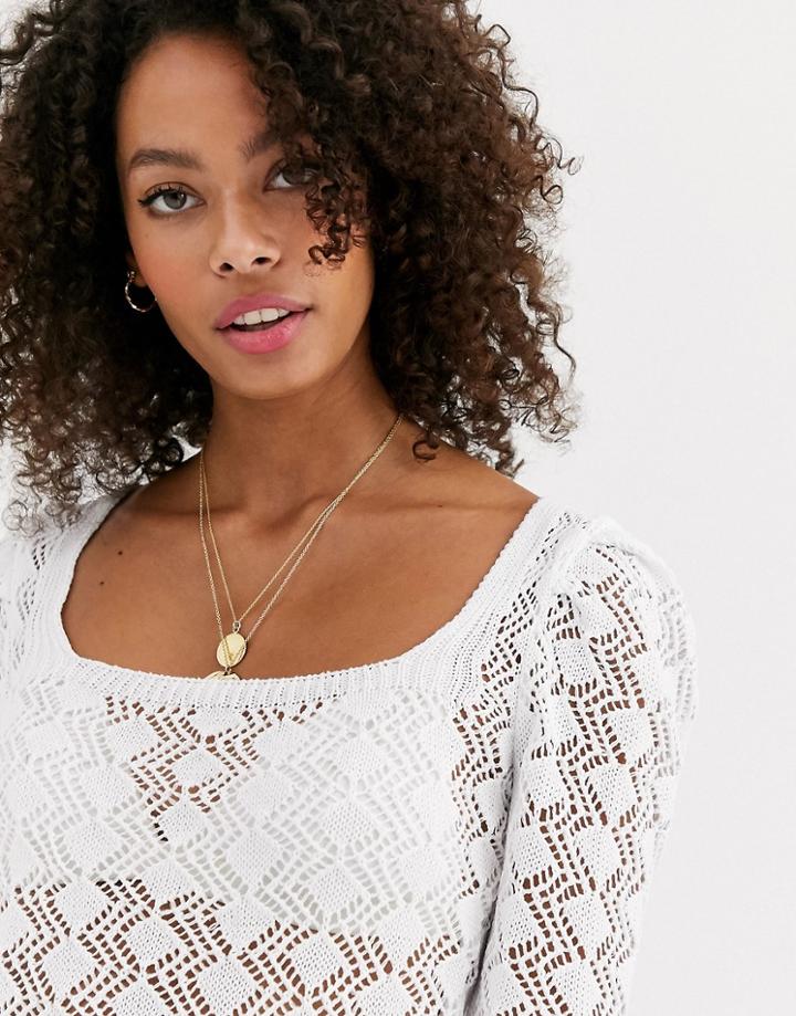 Asos Design Ruched Sleeve Open Stich Sweater-white